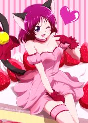 Rule 34 | 1girl, ;d, absurdres, animal ears, bell, bow, breasts, cat ears, cat tail, cleavage, cosplay, detached sleeves, gloves, hand on lap, highres, index finger raised, long hair, looking at viewer, medium breasts, mew ichigo (cosplay), miniskirt, nita (onakatohoppe), one eye closed, open mouth, pink background, pink skirt, pink sleeves, precure, purple eyes, red bow, red gloves, red hair, short sleeves, sitting, skirt, smile, solo, strapless, striped, striped background, tail, tail bell, tail bow, tail ornament, thigh strap, twitter username, yes! precure 5, yes! precure 5 gogo!, yumehara nozomi