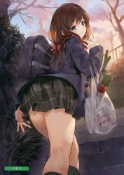 Rule 34 | 1girl, absurdres, artist name, bag, blazer, blue eyes, branch, brown hair, buttons, enpera, fingernails, food, from behind, highres, holding, jacket, kneepits, long hair, long sleeves, looking at viewer, looking back, melonbooks, outdoors, parsley-f, pleated skirt, scan, scarf, school bag, school uniform, skirt, smile, solo, stairs