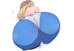 Rule 34 | 1girl, agovitch, animal ears, artoria pendragon (all), artoria pendragon (fate), artoria pendragon (swimsuit ruler) (fate), ass, ass focus, bent over, blonde hair, blue pantyhose, blush, embarrassed, fake animal ears, fate/grand order, fate (series), fishnet pantyhose, fishnets, foreshortening, huge ass, leotard, pantyhose, partially visible vulva, playboy bunny, pussy, rabbit ears, simple background, sweat, sweatdrop, white background, white footwear, white leotard