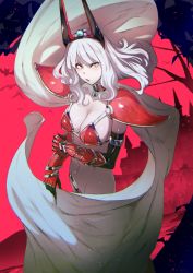 Rule 34 | &gt;:(, 1girl, armor, bad id, bad pixiv id, bikini armor, breasts, cape, carmilla (fate), cleavage, collarbone, cosplay, elizabeth bathory (brave) (fate), elizabeth bathory (brave) (fate) (cosplay), elizabeth bathory (fate), fate/grand order, fate (series), frown, horns, large breasts, long hair, looking at viewer, navel, pale skin, parted lips, pauldrons, rano, red armor, shoulder armor, single pauldron, solo, stomach, v-shaped eyebrows, white hair, yellow eyes
