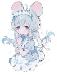 Rule 34 | 1girl, :&lt;, ahoge, animal ears, apron, artist name, blue shirt, blush, blush stickers, bow, closed mouth, cotono (nazekun), cropped legs, crossed bangs, frilled apron, frills, grey eyes, grey hair, hair between eyes, highres, long hair, low twintails, maid, maid headdress, mouse ears, mouse girl, mouse tail, original, own hands clasped, own hands together, puffy short sleeves, puffy sleeves, shirt, short sleeves, simple background, solo, tail, tail bow, tail ornament, twintails, white apron, white background, white bow, white wrist cuffs, wrist cuffs