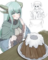 1boy 1girl blush cooking dovahkiin dragon_girl dragon_horns eating fake_horns food food_on_face fork genderswap genderswap_(mtf) green_eyes green_hair helmet highres holding holding_fork horned_helmet horns long_hair long_sleeves looking_at_viewer musical_note okamura_(okamura086) paarthurnax personification table the_elder_scrolls the_elder_scrolls_v:_skyrim