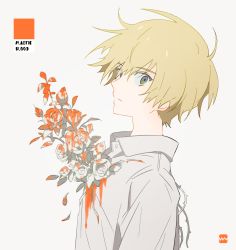 Rule 34 | 1boy, bleeding, blonde hair, blood, blood on clothes, closed mouth, english text, extraspiky, eyes visible through hair, flower, grey background, grey eyes, highres, looking at viewer, male focus, original, petals, rose, signature, simple background, solo, thorns, upper body, white flower, white rose