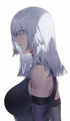 Rule 34 | ak-15 (girls&#039; frontline), bare shoulders, breasts, defy (girls&#039; frontline), detached sleeves, from side, girls&#039; frontline, glowing, glowing eye, grey hair, hair over one eye, highres, kistina, looking at viewer, medium breasts, medium hair, parted lips, purple eyes, serious, shirt, simple background, solo, standing, upper body, white background