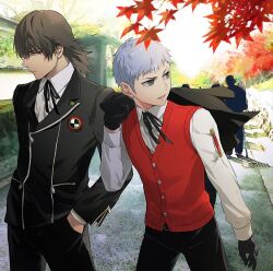 Rule 34 | 2boys, aragaki shinjirou, black gloves, black jacket, brown eyes, brown hair, closed mouth, day, gekkoukan high school uniform, gloves, grey eyes, grey hair, hands in pockets, holding, holding clothes, holding jacket, isa (peien516), jacket, leaf, male focus, multiple boys, necktie, outdoors, pants, parted lips, persona, persona 3, red sweater vest, sanada akihiko, school uniform, shirt, sweater vest, white shirt