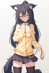 Rule 34 | 1girl, absurdres, animal ear fluff, animal ears, bare shoulders, black hair, black skirt, black thighhighs, blue eyes, blush, bra strap, breasts, commentary, cowboy shot, extra ears, fox ears, fox girl, fox tail, hair between eyes, hair ornament, hairclip, highres, leash, long hair, long sleeves, miniskirt, nervous, nose blush, off-shoulder shirt, off shoulder, offering leash, original, parted lips, pleated skirt, puffy long sleeves, puffy sleeves, pussy juice, remote control vibrator, rika (trimbil), sex toy, shirt, simple background, skindentation, skirt, small breasts, solo, tail, thighhighs, trembling, trimbil, vibrator, white background, yellow shirt