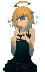 Rule 34 | 1girl, bare arms, bare shoulders, black dress, blonde hair, blue eyes, closed mouth, commentary request, cyclops, dress, frilled dress, frills, harau, looking at viewer, one-eyed, original, simple background, solo, upper body, white background