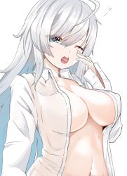 Rule 34 | 1girl, ahoge, areola slip, bizen kurage, blue eyes, breasts, collared shirt, commentary request, covered erect nipples, girls&#039; frontline, hair between eyes, hand to own mouth, highres, large breasts, long hair, long sleeves, messy hair, navel, one eye closed, open clothes, open shirt, ots-12 (girls&#039; frontline), shirt, solo, star-shaped pupils, star (symbol), symbol-shaped pupils, upper body, white background, white hair, white shirt, yawning