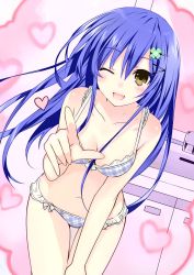 Rule 34 | 10s, 1girl, 7a61, bad id, bad pixiv id, blue hair, blush, bra, breasts, cleavage, colorized, date a live, derivative work, genderswap, genderswap (mtf), heart, highres, itsuka shidou, itsuka shiori, leaning forward, long hair, looking at viewer, medium breasts, one eye closed, open mouth, panties, smile, solo, tsunako, underwear, underwear only, very long hair