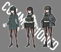 1girl absurdres ammunition_pouch belt beret black_necktie black_pantyhose black_shorts blue_hair boots brown_eyes brown_hair bulletproof_vest camouflage camouflage_headwear camouflage_jacket closed_mouth coffee_mug collared_shirt combat_boots combat_helmet cup dress_shirt formal_clothes full_body glasses green_jacket grey_background grey_eyes grey_jacket gun hair_between_eyes handgun hands_in_pockets hat headset helmet high_heel_boots high_heels highres holding holding_cup holster holstered jacket lace-up_boots load_bearing_vest long_sleeves looking_at_viewer magazine_(weapon) military military_jacket military_uniform mug multicolored_hair multiple_views necktie office_lady open_clothes open_jacket original pantyhose pantyhose_under_shorts pencil_skirt police pouch red_hair shirt short_shorts shorts simple_background skirt skirt_suit soldier streaked_hair suit tacticalhoshino thigh_holster utility_belt variations weapon white_shirt