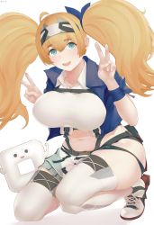 Rule 34 | 1girl, armband, belt, blonde hair, blue eyes, breast pocket, breasts, collared shirt, gambier bay (kancolle), hairband, highres, image sample, kantai collection, large breasts, mokuren (mozukukirai88), open mouth, plump, pocket, shirt, smile, squatting, thighhighs, twintails, twitter sample, v, white background, white thighhighs