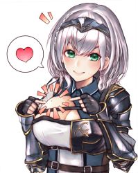 Rule 34 | 1girl, armor, belt, belt buckle, black armor, black gloves, blue collar, bngl0121, braid, breastplate, breasts, buckle, circlet, cleavage, cleavage cutout, closed mouth, clothing cutout, collar, fingerless gloves, gloves, gold trim, green eyes, heart, highres, hololive, large breasts, looking at viewer, medium hair, mole, mole on breast, pointing, shirogane noel, shirogane noel (1st costume), shoulder armor, solo, speech bubble, virtual youtuber, white background, white hair, wrist guards
