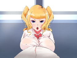 Rule 34 | 1girl, blonde hair, blunt bangs, blush, bow, bowtie, breast press, breasts, highres, indoors, junshain inoue, large breasts, looking at viewer, multicolored eyes, open mouth, original, pov, school uniform, shirt, solo focus, standing, teeth, thick eyebrows, tongue, twintails, upper body, upper teeth only, white shirt