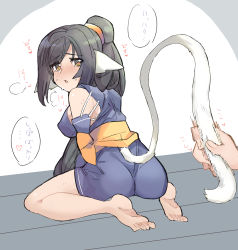 Rule 34 | 1girl, absurdly long hair, absurdres, animal ears, aquaplus, ass, bare legs, barefoot, black hair, blush, breasts, breath, cat tail, cleavage, cleavage cutout, clothing cutout, commentary request, covered erect nipples, dress, feet, from behind, full body, gradient eyes, high ponytail, highres, huge ass, kuon (utawarerumono), large breasts, long hair, long sleeves, looking back, micon hnhn, multicolored eyes, nose blush, off shoulder, open mouth, orange eyes, orange sash, ponytail, pov, pov hands, raised eyebrows, sash, sideboob, sidelocks, sitting, sleeveless, speech bubble, speed lines, sweat, sweatdrop, swept bangs, tail, tail grab, tearing up, thighs, toes, translation request, utawarerumono, utawarerumono: futari no hakuoro, utawarerumono: itsuwari no kamen, very long hair, white tail