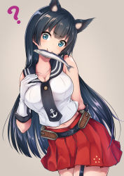Rule 34 | 1girl, ?, agano (kancolle), anchor symbol, animal ears, arm behind back, bad id, bad pixiv id, belt, black belt, black hair, black necktie, black sailor collar, blue eyes, blush, breasts, cat ears, cleavage, collarbone, commentary request, cowboy shot, fang, fish, food in mouth, furrowed brow, garter straps, gloves, grey background, hair between eyes, hand on own chest, hand up, head tilt, highres, kantai collection, kemonomimi mode, large breasts, leaning forward, long hair, looking at viewer, medium skirt, midriff, miniskirt, mouth hold, navel, necktie, oonaka ito, pleated skirt, red skirt, sailor collar, sidelocks, simple background, skirt, sleeveless, smile, solo, standing, straight hair, very long hair, white gloves