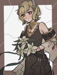 Rule 34 | 1girl, bare shoulders, blonde hair, bouquet, brown dress, citrinne (fire emblem), dress, earrings, feather hair ornament, feathers, fire emblem, fire emblem engage, flower, gold choker, gold trim, hair ornament, highres, holding, holding bouquet, hoop earrings, jewelry, leather wrist straps, lirara 0, mismatched earrings, nintendo, red eyes, wing hair ornament