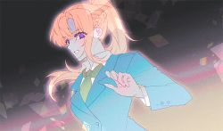 Rule 34 | #jack, 1girl, blazer, blue jacket, blush, braid, buttoned cuffs, buttons, chidouin sara, collared shirt, colored skin, french braid, glowing, green necktie, grey skin, hand up, jacket, kimi ga shine, lapels, long hair, long sleeves, looking at viewer, necktie, notched lapels, orange hair, parted bangs, parted lips, ponytail, purple eyes, school uniform, shirt, single sidelock, solo, sonobeno school uniform, teeth, upper body, white shirt