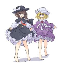 2girls :o barefoot blonde_hair blush bow bowtie brown_dress brown_eyes brown_hair dress frilled_dress frilled_sleeves frills full_body hat hat_bow highres juliet_sleeves layered_dress layered_sleeves long_sleeves maribel_hearn medium_hair mob_cap multiple_girls necktie open_mouth primsla puffy_long_sleeves puffy_sleeves purple_dress purple_eyes red_bow red_bowtie short_hair standing touhou usami_renko wavy_hair white_bow white_dress