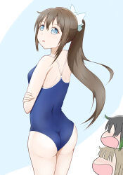 Rule 34 | 3girls, ass, black hair, blue background, blue eyes, blue one-piece swimsuit, blush, bow, breasts, brown hair, crossed arms, drooling, from behind, hair bow, hair over eyes, highres, looking at viewer, looking back, love live!, love live! nijigasaki high school idol club, multiple girls, nakasu kasumi, nyuuinryoucha-san, one-piece swimsuit, open mouth, osaka shizuku, school swimsuit, small breasts, swimsuit, takasaki yu, white bow
