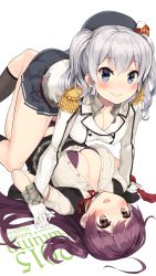 Rule 34 | 10s, 2015, 2girls, ahoge, all fours, beret, black bra, black socks, blouse, blue eyes, bra, breasts, buttons, character name, cleavage, covered erect nipples, epaulettes, frilled sleeves, frills, girl on top, gloves, grey eyes, grey hair, hagikaze (kancolle), hanging breasts, hat, highres, jacket, kantai collection, kashima (kancolle), kneehighs, kuro chairo no neko, large breasts, long hair, looking at viewer, lying, miniskirt, multiple girls, neck ribbon, on back, open clothes, open mouth, open shirt, panties, pleated skirt, purple bra, purple hair, purple panties, red ribbon, ribbon, round teeth, shirt, side ponytail, skirt, socks, teeth, tsurime, twintails, twitter username, unbuttoned, unbuttoned shirt, underwear, vest, wavy hair, wavy mouth, white background, white gloves, yellow eyes, yuri
