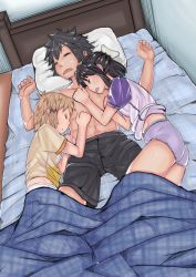 Rule 34 | 1boy, 2girls, artist request, highres, kohinata miku, multiple girls, on bed, original, senki zesshou symphogear, tachibana hibiki (symphogear)