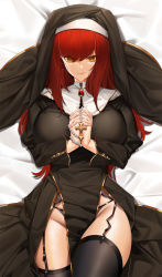 Rule 34 | 1girl, alternate costume, black dress, black garter straps, black thighhighs, breasts, chainsaw man, cross, cross necklace, dakimakura (medium), dress, garter straps, habit, highres, interlocked fingers, jewelry, large breasts, long hair, long sleeves, looking at viewer, lying, makima (chainsaw man), necklace, nun, on back, own hands together, pelvic curtain, red hair, solo, thighhighs, thighs, tony guisado, yellow eyes