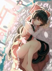 Rule 34 | 1girl, backlighting, bad id, bad pixiv id, barefoot, black hair, blank eyes, blurry, bow, breasts, brown eyes, cherry blossoms, depth of field, detached sleeves, dutch angle, empty eyes, expressionless, facing viewer, fetal position, hair bow, hair tubes, hakurei reimu, highres, long hair, lying, no bra, on ground, on side, outdoors, petals, red skirt, sideboob, skirt, solo, stone lantern, torii, touhou, very long hair, vest, yuu (yuu ammy)