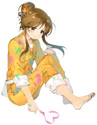 Rule 34 | 1girl, barefoot, brown eyes, brown hair, commentary, dot nose, finger painting, flower, hair bun, hair flower, hair ornament, heart, idolmaster, idolmaster cinderella girls, idolmaster cinderella girls starlight stage, jumpsuit, looking down, miridereningen, on floor, orange jumpsuit, paint, paint on clothes, paint splatter, paint splatter on face, sidelocks, simple background, single hair bun, sitting, solo, takamori aiko, white background