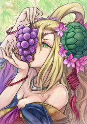 Rule 34 | 1girl, bare shoulders, beads, blonde hair, bracelet, breasts, circlet, cleavage, collarbone, fingernails, flower, food, fruit, grapes, green eyes, hair flower, hair ornament, hair rings, holding, jewelry, leaf, licking, long hair, meimei (p&amp;d), necklace, off shoulder, open mouth, puzzle &amp; dragons, shouma (bravespiritya), solo, turtle shell
