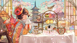 Rule 34 | 1girl, absurdres, animal, bird, blue sky, branch, brown eyes, brown hair, buchi (qooo003), closed mouth, commentary request, cup, day, egasumi, flower, food, gloves, highres, japanese clothes, kimono, long sleeves, looking at viewer, macaron, onigiri, original, petals, pink flower, saucer, sky, smile, solo, spring (season), striped clothes, striped kimono, table, teacup, teapot, tiered tray, tower, vertical-striped clothes, vertical-striped kimono, white flower, white gloves, wide sleeves