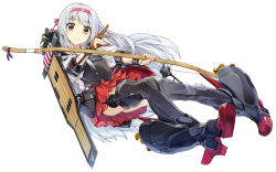 Rule 34 | 10s, 1girl, amagai tarou, armor, blush, boots, bow (weapon), brown eyes, brown gloves, fingerless gloves, gloves, greaves, hairband, hat, japanese clothes, kantai collection, long hair, muneate, partially fingerless gloves, partly fingerless gloves, shoukaku (kancolle), silver hair, simple background, skirt, smile, solo, thigh boots, thighhighs, weapon, white background, yugake