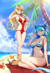 Rule 34 | 2girls, absurdres, ahoge, alternate costume, artemia (king&#039;s raid), bad id, bad pixiv id, bare shoulders, beach, beach mat, bikini, blonde hair, blue bikini, blue eyes, blue hair, blue sky, blush, breasts, cleavage, cloud, collarbone, commentary, covered navel, crab, day, dragon girl, dragon horns, dragon tail, flower, food, food in mouth, full body, groin, hair flower, hair ornament, hairband, highres, holding, holding food, horns, king&#039;s raid, laias (king&#039;s raid), large breasts, long hair, looking at viewer, multiple girls, navel, ocean, one-piece swimsuit, outdoors, palm tree, pointy ears, popsicle, popsicle in mouth, red one-piece swimsuit, revision, sand, shade, side-tie bikini bottom, sitting, sky, smile, standing, stomach, swimsuit, tail, tree, very long hair, wangjook (wj), yokozuwari