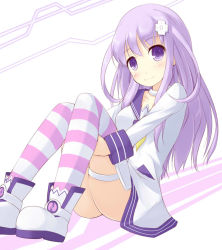 Rule 34 | 10s, 1girl, d-pad, female focus, hair ornament, kuro (be ok), light smile, long hair, looking at viewer, md5 mismatch, nepgear, neptune (series), purple eyes, purple hair, purple theme, smile, solo, striped clothes, striped thighhighs, thighhighs