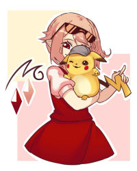 Rule 34 | 1girl, blonde hair, blush stickers, covered face, cowboy shot, creatures (company), crossover, crystal, detective, detective pikachu, detective pikachu (character), eyewear on head, flandre scarlet, game freak, gen 1 pokemon, hat, holding, holding pokemon, nintendo, one eye closed, pikachu, pointy ears, pokemon, pokemon (creature), puffy short sleeves, puffy sleeves, red eyes, red skirt, red vest, shirt, short sleeves, side ponytail, skirt, smile, sunglasses, touhou, vest, white shirt, yoruny
