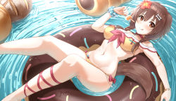 Rule 34 | 1girl, :q, absurdres, animal ears, bare legs, bare shoulders, bikini, blush, bone hair ornament, bread, breasts, brown eyes, brown hair, chain, cleavage, collarbone, commentary, dog ears, dog girl, dog tail, doughnut, flower, food, hair between eyes, hair flower, hair ornament, hand up, highres, hololive, innertube, inugami korone, kuutamo, leg strap, looking at viewer, low twintails, medium breasts, navel, off shoulder, pastry, popsicle, shadow, solo, spread legs, stomach, swim ring, swimsuit, symbol-only commentary, tail, thighs, tongue, tongue out, twintails, virtual youtuber, water, wet, wet clothes, yellow bikini