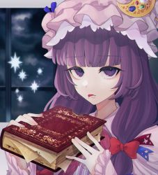 Rule 34 | 1girl, :p, blue ribbon, blunt bangs, book, bow, commentary request, crescent, crescent hair ornament, dress, hair bow, hair ornament, hat, hat ribbon, highres, holding, holding book, long hair, long sleeves, looking at viewer, mob cap, mole, mole under mouth, patchouli knowledge, purple dress, purple eyes, purple hair, purple hat, red bow, ribbon, solo, takeyukiwa tikuwa, tongue, tongue out, touhou, upper body, window