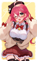 Rule 34 | 1girl, 35p (sakura miko), ;d, ahoge, alternate costume, alternate hairstyle, animal hat, bell, black beret, black thighhighs, blush, bodice, bow, bowtie, breasts, cardigan, cat hat, cherry blossoms, clothing cutout, collared shirt, dot nose, double-parted bangs, frilled skirt, frills, garter straps, glasses, green eyes, hair between eyes, hair ornament, hairclip, hat, heart, highres, hololive, jingle bell, large breasts, long hair, long sleeves, low twintails, miniskirt, neck bell, nekohara choco, official alternate costume, official alternate hairstyle, one eye closed, open mouth, pink hair, plaid, plaid skirt, pleated skirt, red-framed eyewear, red bow, red bowtie, red skirt, sakura miko, sakura miko (casual), shirt, shoulder cutout, skirt, smile, thighhighs, tongue, twintails, underbust, virtual youtuber, white shirt, yellow background, yellow cardigan