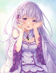 Rule 34 | 10s, 1girl, :d, bare shoulders, blush, breasts, cleavage, commentary, crying, emilia (re:zero), flower, gem, hair flower, hair ornament, hands on own face, hands up, hitsukuya, jewelry, lavender dress, light purple hair, long hair, looking at viewer, medium breasts, necklace, open mouth, parted lips, purple eyes, re:zero kara hajimeru isekai seikatsu, rose, signature, smile, solo, tears, upper body, white flower, white rose, wide sleeves, wiping tears
