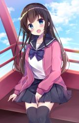 Rule 34 | 1girl, :d, bad id, bad pixiv id, between legs, black sailor collar, black skirt, black thighhighs, blue eyes, blue sky, blush, bow, bowtie, brown hair, cardigan, cloud, cloudy sky, commentary request, day, fang, ferris wheel interior, hand between legs, head tilt, highres, indoors, long hair, long sleeves, looking at viewer, minami saki, open cardigan, open clothes, open mouth, original, pink cardigan, pleated skirt, purple bow, purple bowtie, sailor collar, school uniform, serafuku, shirt, sitting, skirt, sky, sleeves past wrists, smile, solo, thighhighs, very long hair, white shirt