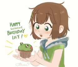 Rule 34 | 1girl, blouse, blue shirt, blush, brown hair, child, chocolate, cupcake, ears, english text, food, freckles, frog, green eyes, green hair ornament, green shirt, hair between eyes, hair ornament, happy birthday, heart, holding, holding food, hood, hooded shirt, hoodie, indie virtual youtuber, lily hopkins, looking at object, looking down, messy hair, milk scum, multicolored clothes, nose, open mouth, shirt, short sleeves, simple background, upper body, virtual youtuber, white background