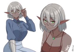 Rule 34 | 1girl, blue pants, blue shirt, brown shirt, center frills, closed mouth, commentary, dark-skinned female, dark elf, dark skin, elf, frills, gauntlets, glasses, green eyes, grey hair, hair between eyes, highres, jewelry, looking at viewer, mawaridi, necklace, original, pants, pointy ears, round eyewear, shirt, short hair, simple background, sleeveless, sleeveless shirt, smile, symbol-only commentary, tattoo, twitter username, white background, yvonne (mawaridi)