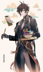 Rule 34 | 1boy, antenna hair, black gloves, black pants, black vest, blush, bowl, butler, clipboard, closed mouth, earrings, genshin impact, glaze lily, gloves, gradient hair, hair between eyes, highres, holding, holding pen, holding tray, jewelry, long sleeves, looking at viewer, low ponytail, male focus, multicolored hair, orange eyes, orange hair, pants, pen, single earring, slime (genshin impact), smile, solo, spoon, tassel, tassel earrings, tray, twitter username, ueauwa, vest, zhongli (genshin impact)