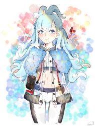 Rule 34 | 1girl, 2022, absurdres, arms up, blue eyes, blue hair, blush, closed mouth, cropped legs, highres, hololive, hololive indonesia, jacket, kobo kanaeru, looking at viewer, navel, seanliao1998, see-through, sleeves past fingers, sleeves past wrists, smile, solo, standing, unbuttoned, virtual youtuber