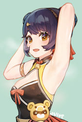 Rule 34 | 1girl, absurdres, arm up, armpits, bare shoulders, breasts, cleavage, double bun, genshin impact, guoba (genshin impact), hair bun, hair ornament, hairclip, highres, looking at viewer, open mouth, shiliuyexiaohei, sleeveless, small breasts, solo, steam, steaming body, upper body, xiangling (genshin impact), yellow eyes