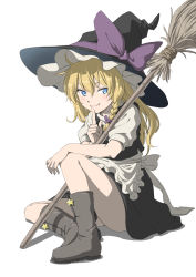Rule 34 | 1girl, apron, black footwear, black hat, black skirt, black vest, blonde hair, blush, boots, bow, braid, broom, closed mouth, finger to mouth, frilled hat, frills, hair bow, hat, hat bow, highres, index finger raised, inuno rakugaki, kirisame marisa, knee boots, knee up, long hair, looking at viewer, medium skirt, puffy short sleeves, puffy sleeves, purple bow, short sleeves, shushing, side braid, simple background, sitting, skirt, smile, solo, star (symbol), touhou, tsurime, vest, waist apron, white apron, white background, witch hat