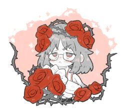 Rule 34 | 1boy, :&lt;, bouquet, closed mouth, coat, crown of thorns, e.g.o (project moon), flower, glasses, gregor (project moon), grey hair, holding, holding bouquet, limbus company, long sleeves, medium hair, project moon, red eyes, red flower, red rose, rose, solo, stole, uchimura (rino0525), upper body, white coat
