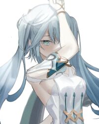 Rule 34 | 1girl, arm up, blue hair, breasts, commentary, dress, faruzan (genshin impact), genshin impact, green eyes, highres, kangshi, medium breasts, short sleeves, simple background, solo, twintails, upper body, white background, white dress