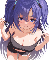 Rule 34 | 1girl, bare shoulders, black halo, black shirt, black shorts, blue archive, blue eyes, blush, breasts, cleavage, commentary, hair between eyes, hair ornament, halo, highres, large breasts, long hair, looking at viewer, navel, ni tamago sando, purple hair, shirt, short shorts, shorts, simple background, sleeveless, sleeveless shirt, smile, solo, symbol-only commentary, twintails, white background, yuuka (blue archive)