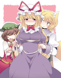 Rule 34 | 3girls, :d, animal ears, blonde hair, blush, bow, breasts, brown hair, bust measuring, cat ears, cat girl, cat tail, chen, commentary request, elbow gloves, fang, female focus, fox ears, fox tail, gloves, hammer (sunset beach), hat, large breasts, measuring, multiple girls, multiple tails, open mouth, purple eyes, smile, tail, tape measure, touhou, white gloves, yakumo ran, yakumo yukari, yellow eyes
