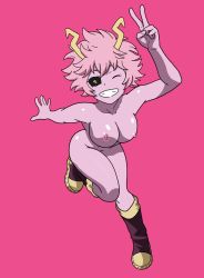 Rule 34 | 1girl, ;d, ashido mina, black sclera, boku no hero academia, boots, breasts, colored sclera, colored skin, grin, highres, horns, knee boots, large breasts, looking at viewer, nipples, nude, one eye closed, open mouth, pink background, pink hair, pink skin, rjamal, shoes, simple background, smile, teeth, v, yellow eyes